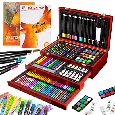 Art Supplies, 185 Piece Deluxe Wooden Art Set, Professional Art Kit with 2 Sketch Books, Crayons, Oil Pastels, Colored Pencils, Watercolor Paints,