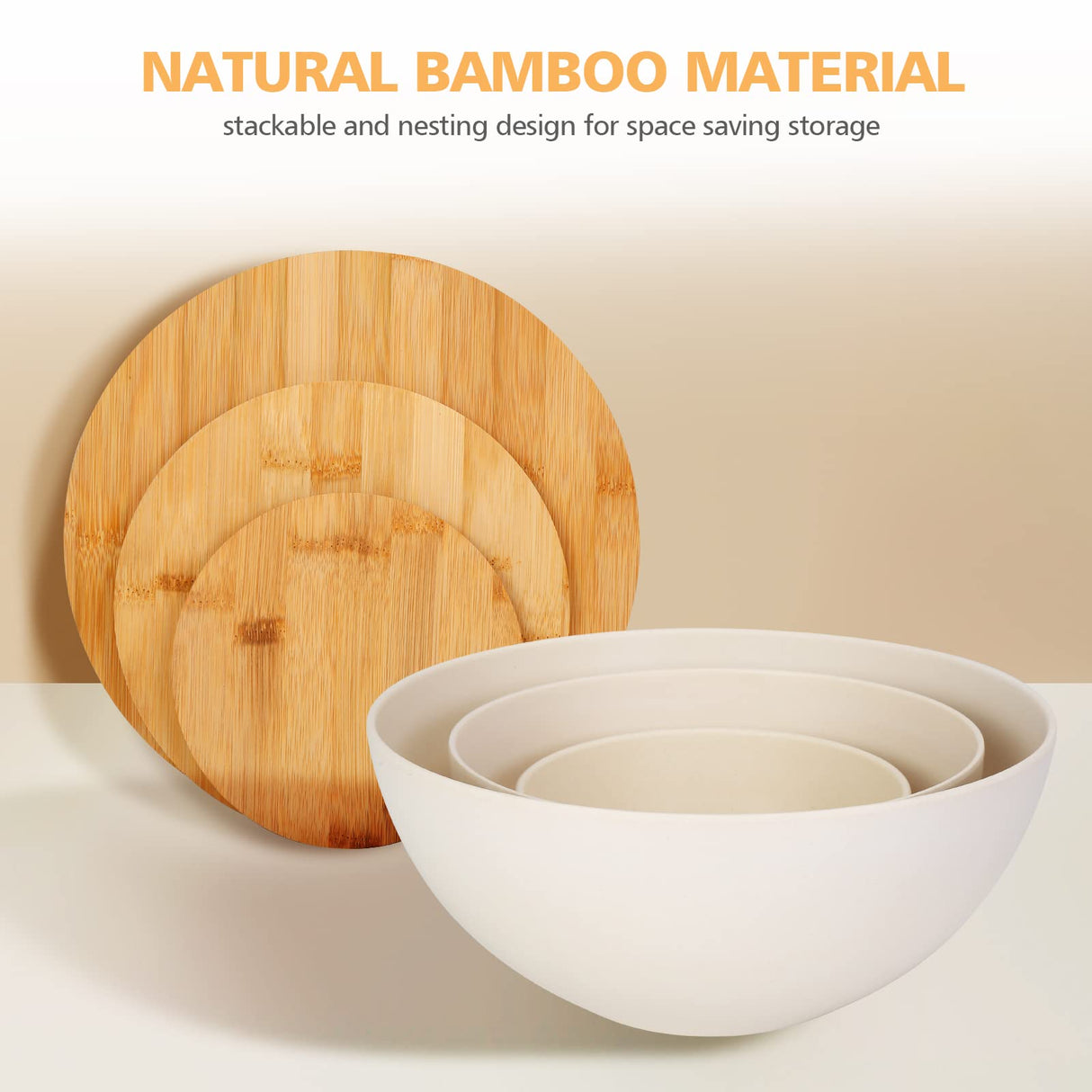 ShineMe Salad Bowl with Lid, Natural Bamboo Fiber Serving Bowls Set of 3 with Utensils & Lids, Mixing Bowls for Preparing, Storing and Serving for ShineMe