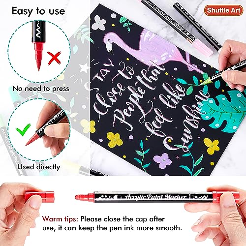 Shuttle Art 36 Colors Dual Tip Acrylic Paint Markers, Brush Tip and Dot Tip Acrylic Paint Pens for Rock Painting, Ceramic, Wood, Canvas, Plastic, Shuttle Art