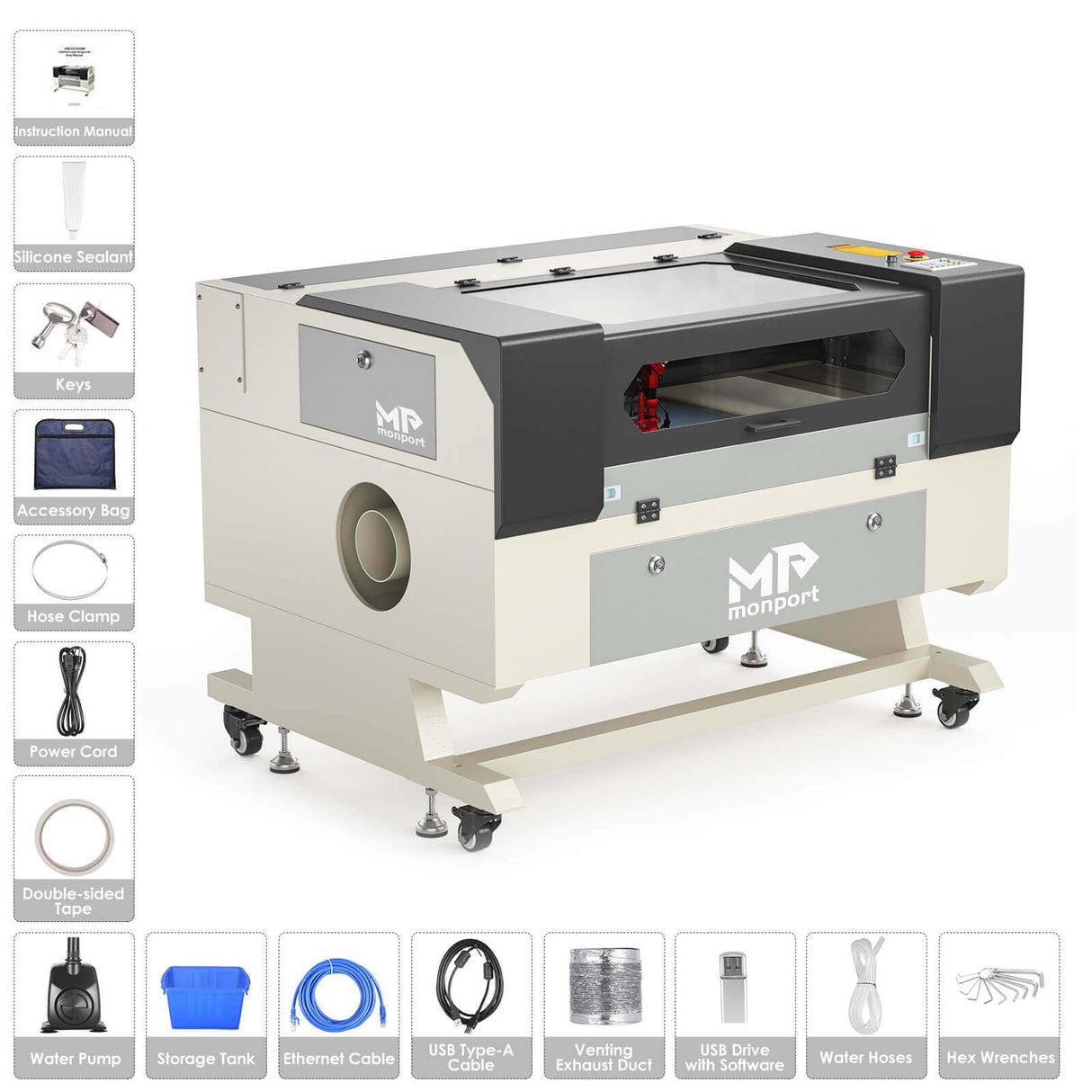 Monport Upgraded Fireproof Auto Focus 60W CO2 Laser Engraver & Cutter with Large Working Area (20" x 28"),with 6L CW-5200 Industrial Water Chiller Monport