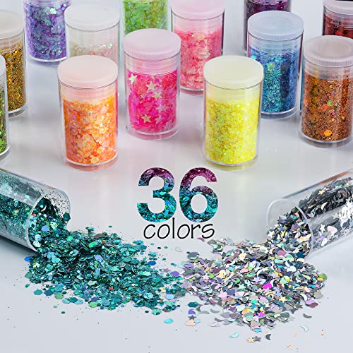 Holographic Chunky and Fine Glitter Mix, 36 Colors Chunky Sequins & Glitter Powder Mix, Iridescent Cosmetic Glitter Flakes for Nail Art Face Body Eye Linwulte