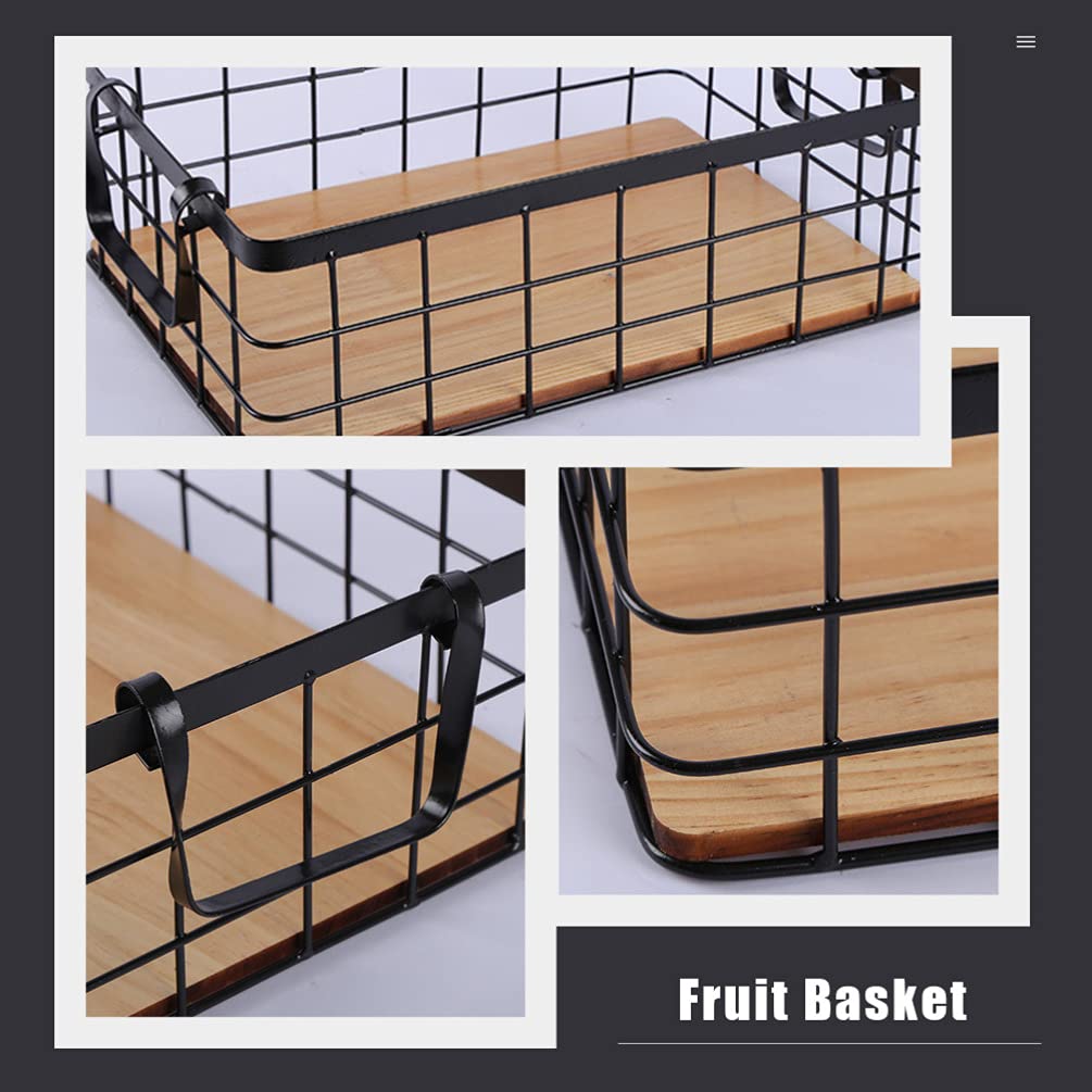 Small Metal Wire Storage Basket, Wood Base Storage Organizer Bin Basket for Kitchen Cabinets, Bathroom, Pantry, Garage, Laundry Room Cabilock