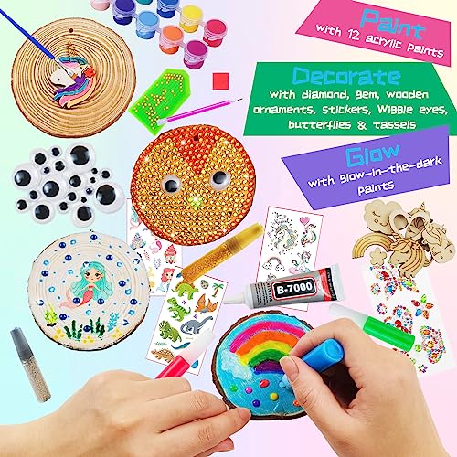 Wooden Crafts Kit for Kids - Glow in The Dark - Arts & Crafts Gifts for Boys Girls Age 6-12, 24 Wood Slices with Diamond Painting Craft Activities KIRKOTOY