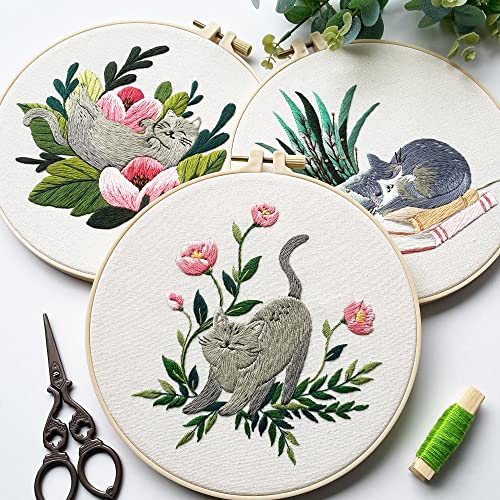 Myfelicity Cat Embroidery Kit 3 Patterns Fabric Threads Needles Hoops Instructions Myfelicity