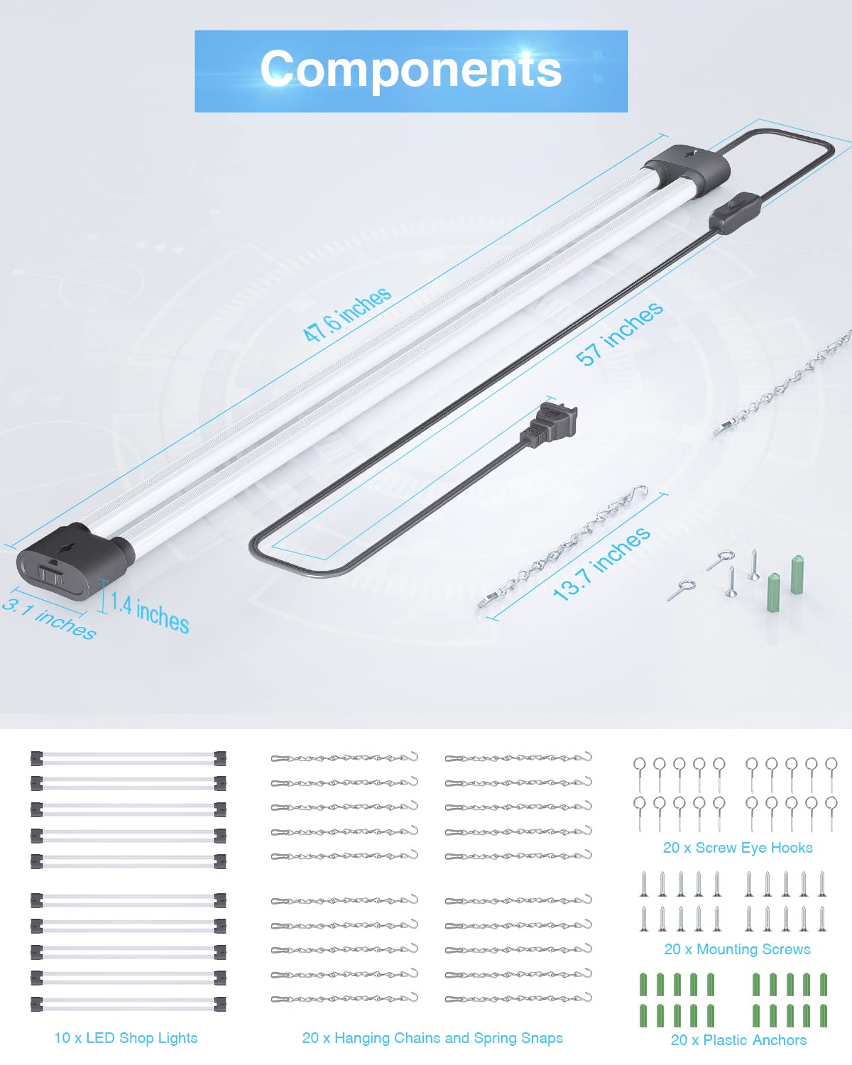 Ensenior 10 Pack Linkable Led Shop Light 4ft for Garage, 4400 High Lumens, 36W Equivalent 280W, 5000K Daylight, 48 Inch Utility shop led lights, Ensenior