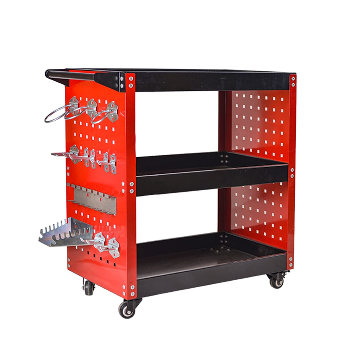 Youthua 3-Tier Rolling Tool Cart, Heavy Duty, 360 Degree Rotating Wheels, 14 Hooks, 300lbs Load Capacity, Red youthua