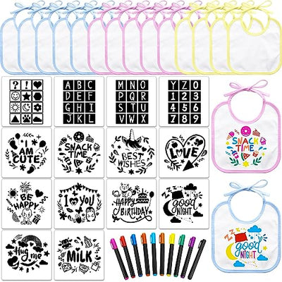 Jutom 38 Pcs DIY Baby Bibs Decorating Kit 14 Bibs 14 Stencils 10 Fabric Markers 2 Ply Feeder Bibs Design Bib for Shower Games (Multicolored)