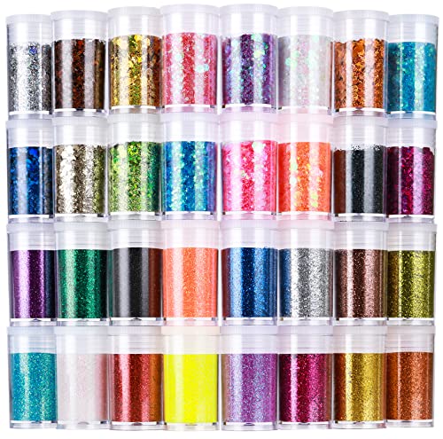 LEOBRO Glitter, Fine Glitter and Chunky Glitter, 32 Jars Craft Glitter Powder Holographic Glitter Resin Glitter for Crafts, Halloween Christmas Body LEOBRO