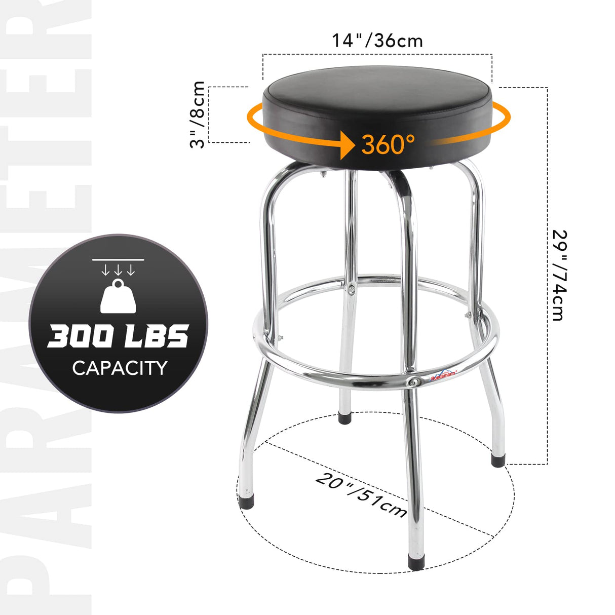Ruedamann 29" H Iron Backless Swivel Bar Stool,Holds Up to 300 lbs,Shop Stool with Black Leatherette Padded Chrome Frame, Black Ruedamann