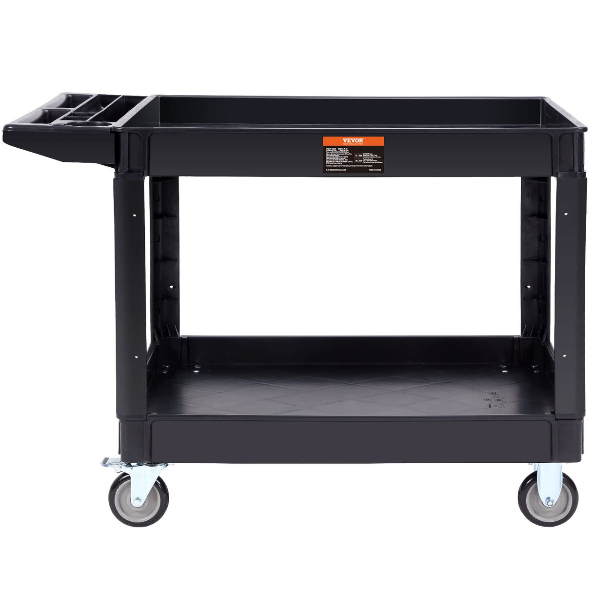 VEVOR Utility Service Cart, 2 Shelf 550LBS Heavy Duty Plastic Rolling Utility Cart with 360° Swivel Wheels (2 with Brakes), Large Lipped Shelf, VEVOR