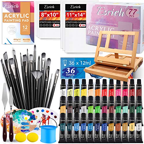 Acrylic Paint Set,77 PCS Professional Paint Supplies with Paint Brushes, Acrylic Paint,Table Easel, Canvases, Painting Pads, Palette, Paint Knives, ESRICH