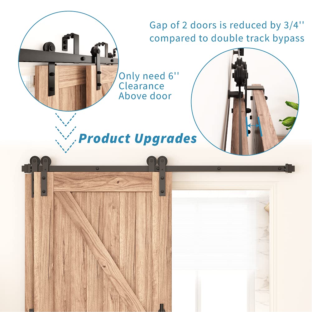ZEKOO 5.5 FT Bypass Sliding Barn Door Hardware Kit, Single Track, Double Wooden Doors Use, Flat Track Roller, One-Piece Rail Low Ceiling (5.5FT ZEKOO