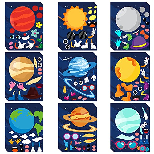 WATINC 45pcs Make Your Own Planet Stickers Games, 9 Planets Solar System Birthday Party Favor Stickers for Kids, DIY Outer Space Make a Face Sticker WATINC