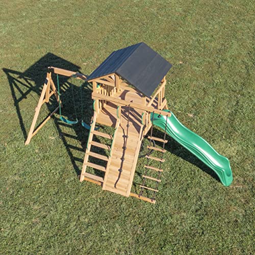 Backyard Discovery Endeavor All Cedar Wood Swing Set Playset for Backyard with Large Clubhouse Wave Slide Rope Ladder Rock Climbing Wall Wave Slide 2 Backyard Discovery