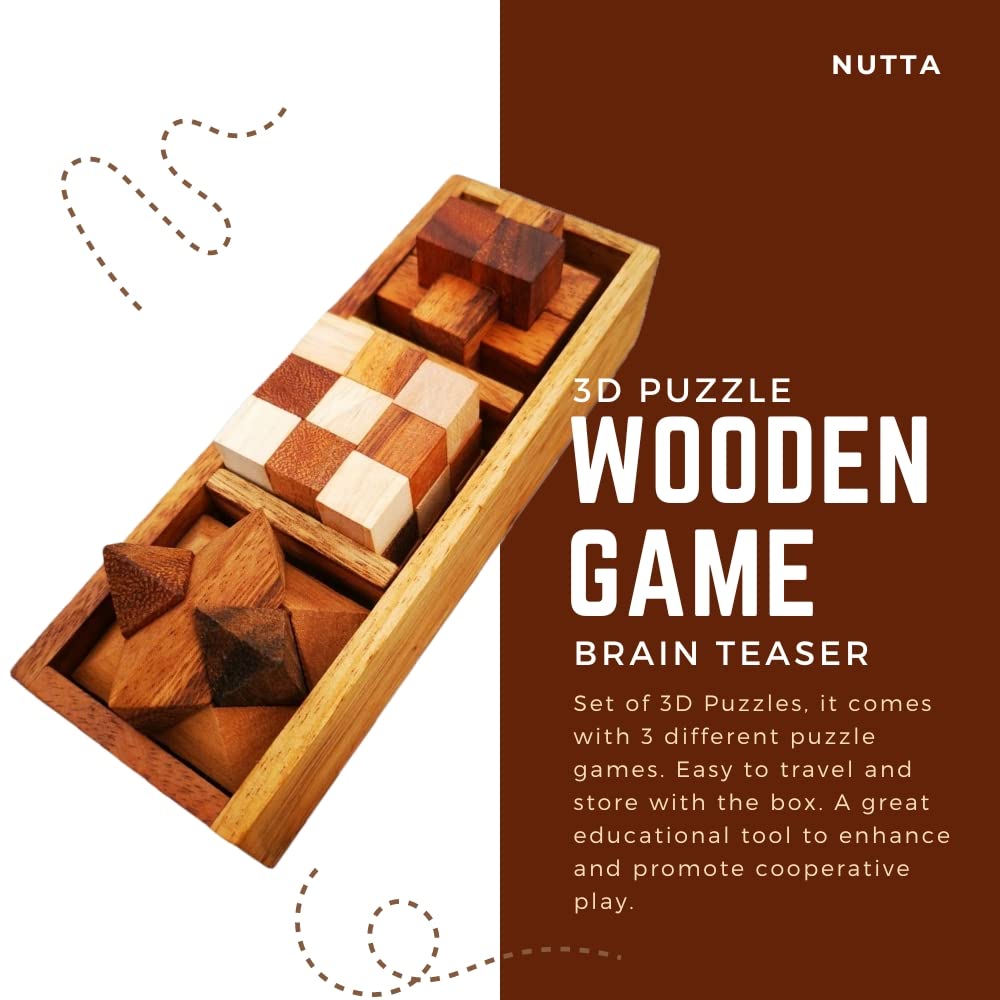 NUTTA - 3 in 1 Set Wooden Games Brain Teaser Wood Toy Desk Puzzle Coffee Table Decor Broad Game 3D Puzzles for Teens and Adults Fun Games Indoor NUTTA