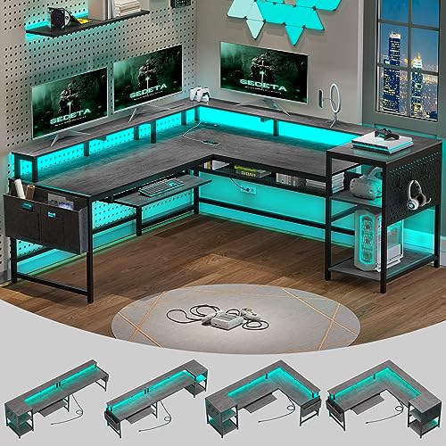 SEDETA L Shaped Gaming Desk, Convertible 96" Home Office Desk or Corner Desk, L Shaped Desk with Power Outlets & LED Strip, Monitor Stand, Keyboard SEDETA