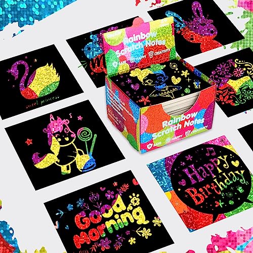 RMJOY Scratch Art Mini Notes: 160 Holographic Rainbow Scratch Paper Magic Craft Card DIY Kit Supplies Party Favor Gift Toy for Kid Art Craft Bulk Set RMJOY