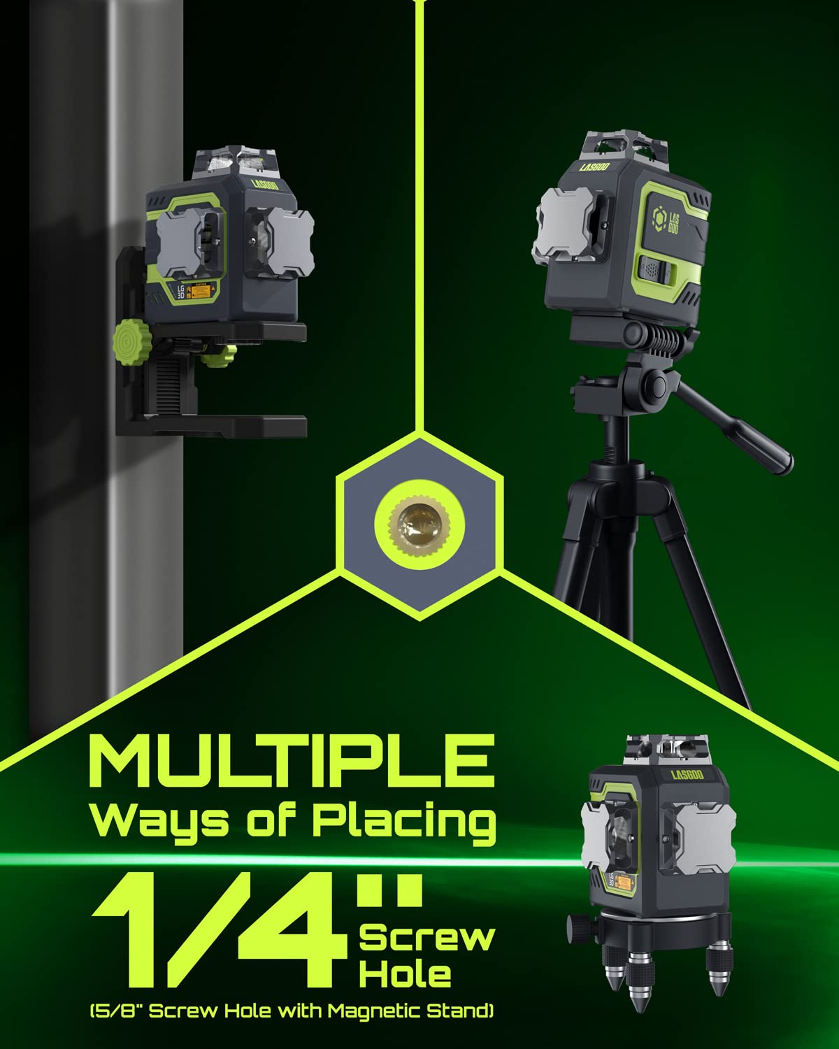 LasGoo LG-3D Laser Level Self Leveling 3x360°, 3D Green Beam Cross Line Laser for Construction and Picture Hanging, 2 Rechargeable Batteries (20 LASGOO