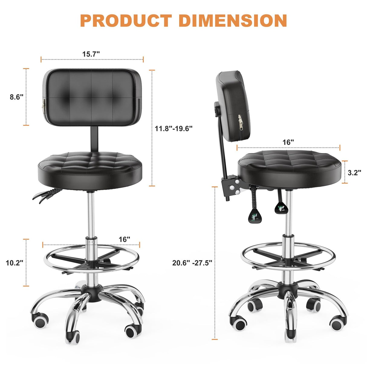 YJHome Rolling Stool, Rolling Stools with Wheels Foot Rest, Backrest Adjustable Height, Heavy Duty 400lbs Weight Capacity, Salon Spa Tattoo Massage YJHome