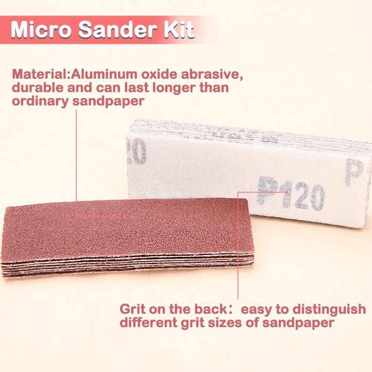LEONTOOL 100Pcs Micro Detail Sander Paper Kit 3.5x1.2 Inch Hook and Loop Sandpaper Strips 120 Grit, Micro Finishing Sander Paper Detail Sander LEONTOOL