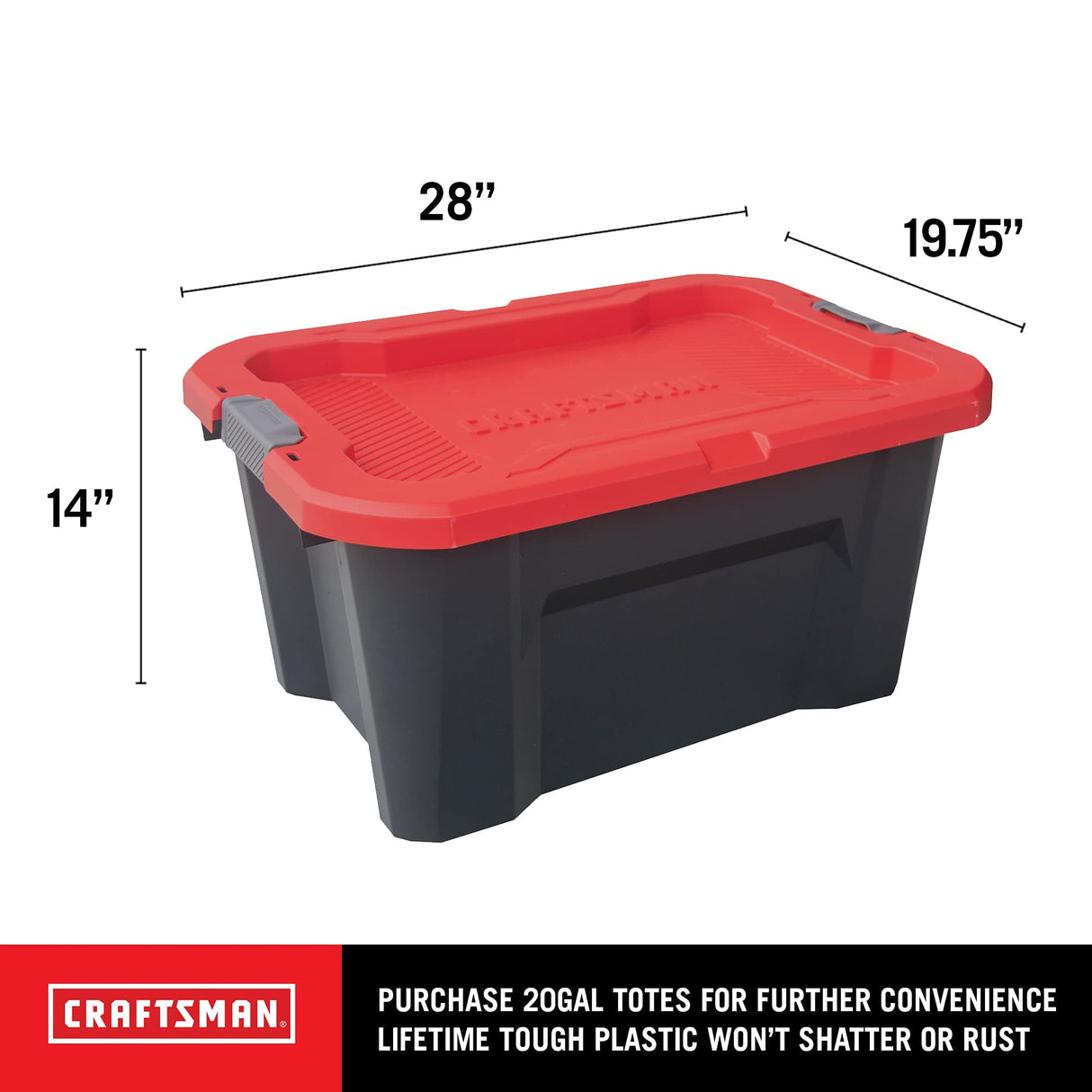 CX CRAFTSMAN, 20-Gallon Highly Durable Storage Bin & Dual Latching Lid, (14.3”H x 19.7”W x 28.2”D), Versatile Stacking Tote and Weather-Resistant CX