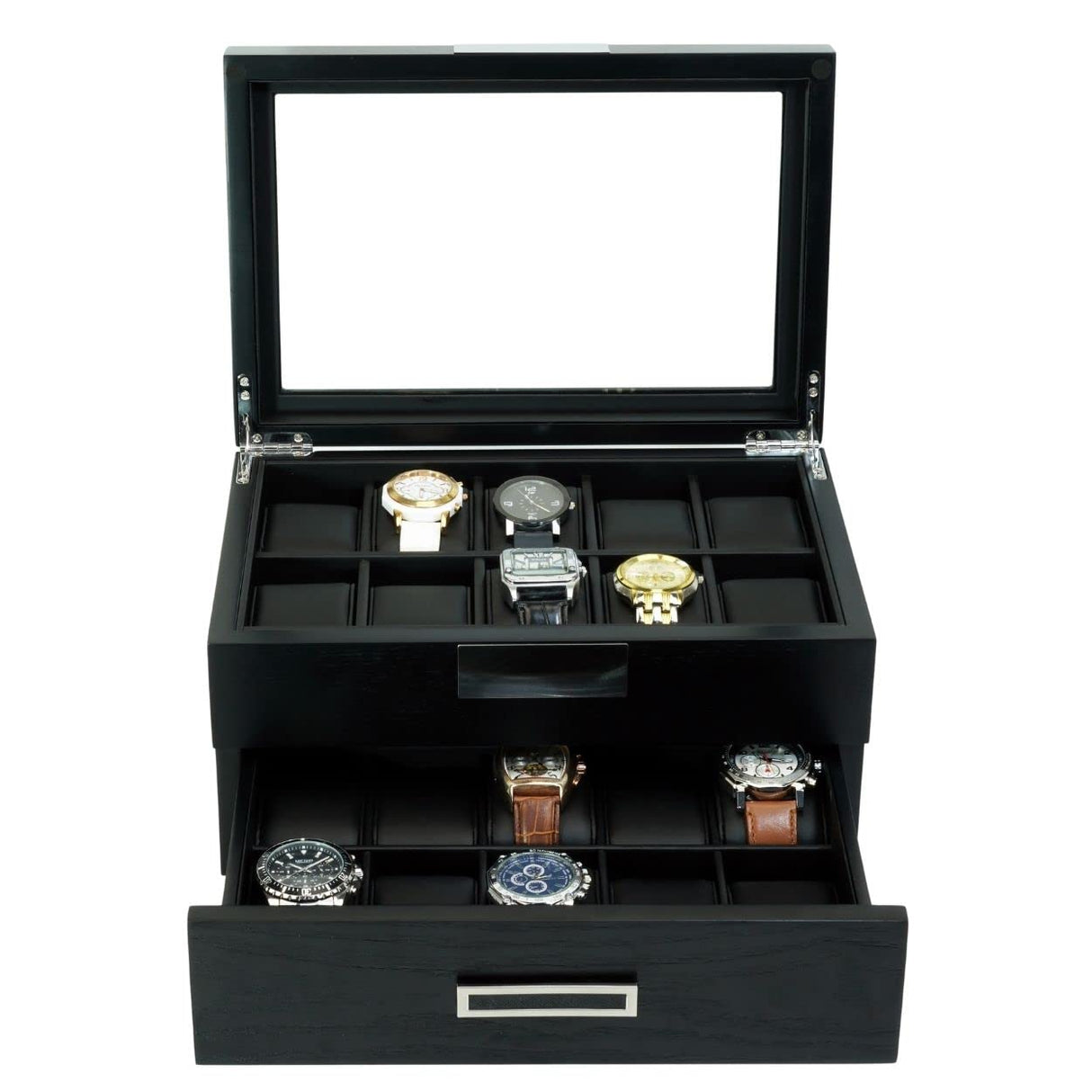 TIMELYBUYS 20 Black Ebony Wood Personalized Watch Extra Height Box Display Case 2 Level Storage Jewelry Organizer with Glass Top, Stainless Steel TIMELYBUYS