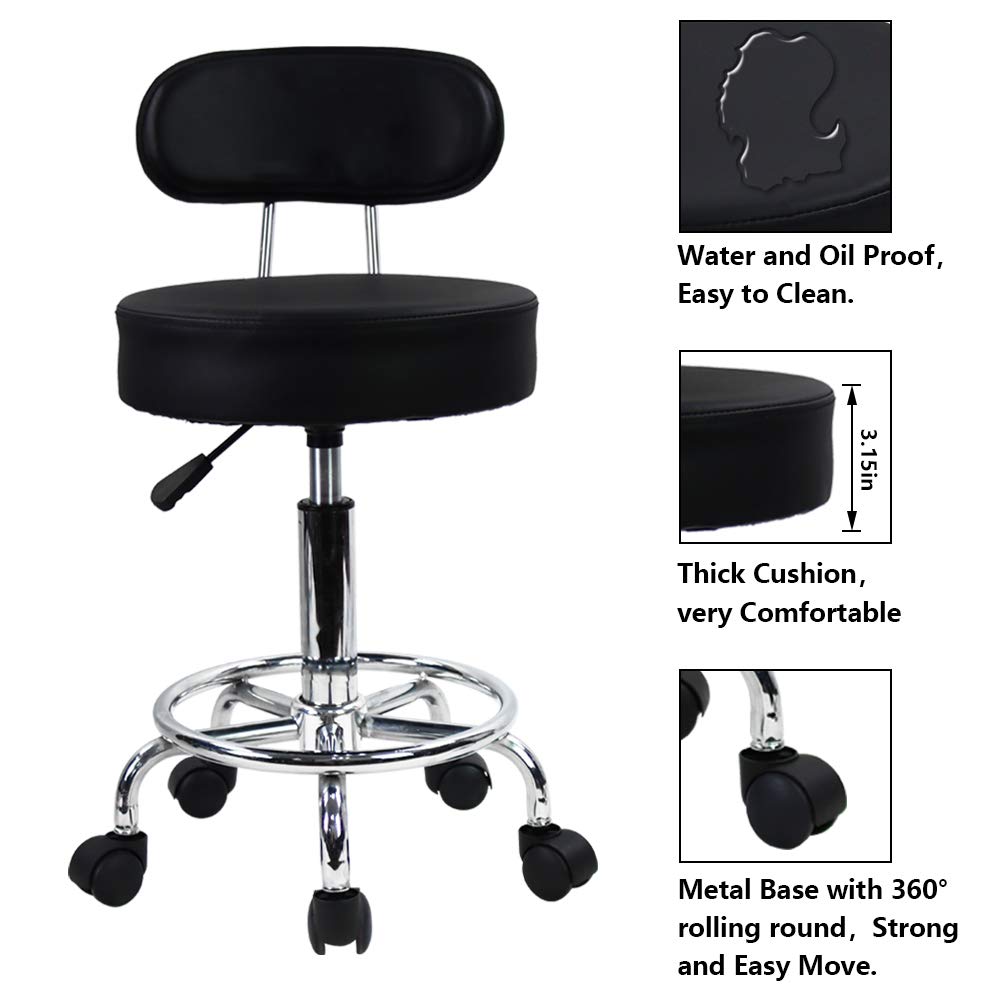 KKTONER PU Leather Rolling Stool Mid-Back with Footrest Height Adjustable Office Computer Home Drafting Swivel Task Chair with Wheels (Black) KKTONER