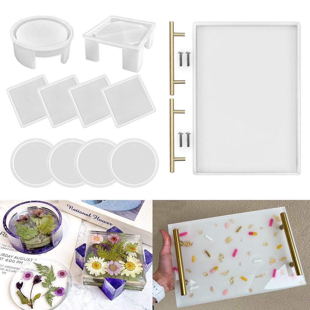 RESINWORLD Large Tray Mold with Handles + Upgrade 10 pcs Silicone Coaster Molds Kit Storage Box Mold for Resin Casting ResinWorld