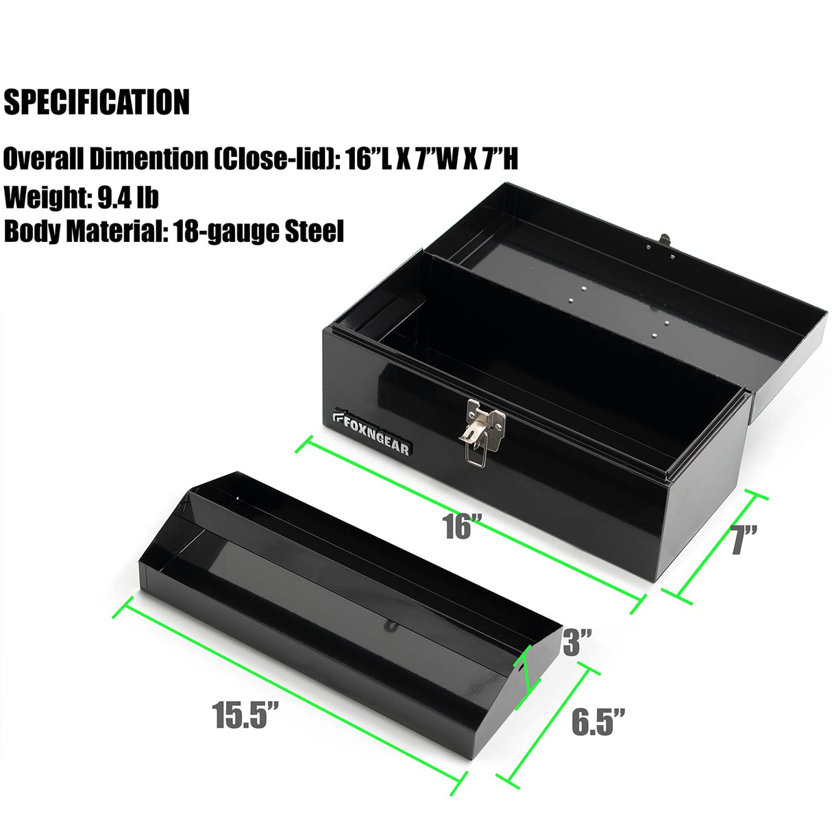 16" Portable Steel Heavy-duty Tool Box 18-Gauge with Metal Latch and Handle Black HantekSteel
