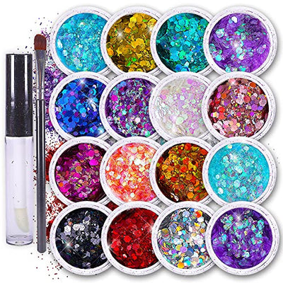 Chunky Holographic Body Glitter I 16 Colors + Glitter Glue for Face Glitter Makeup, Hair, Eye & Fine Glitter Eyeshadow - Perfect for Halloween,