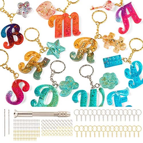 Mocoosy 182Pcs Reversed Silicone Alphabet Resin Molds Kit, Fancy Letter & Ornament Molds Epoxy Resin Casting Keychain Making Set with 1 Hand Drill 2 Mocoosy