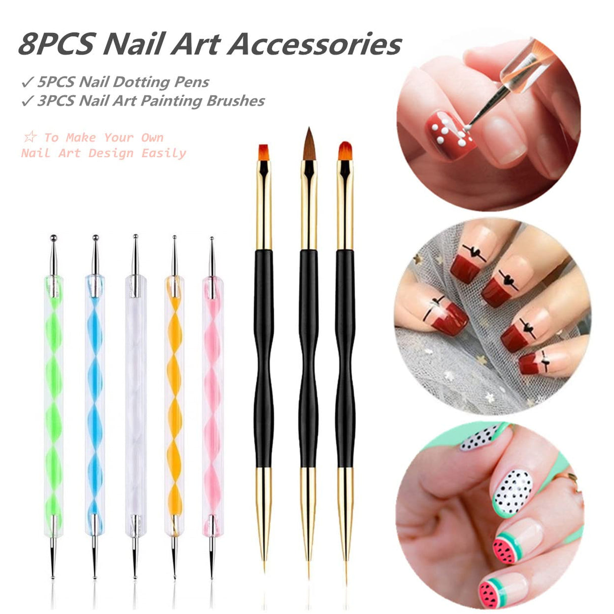 FULINJOY 5PCS Dotting Pens with 3 PCS Nail Painting Brushes, Double Ended Brush and Dotting Tool Kit, Nail Art Design Tools FULINJOY