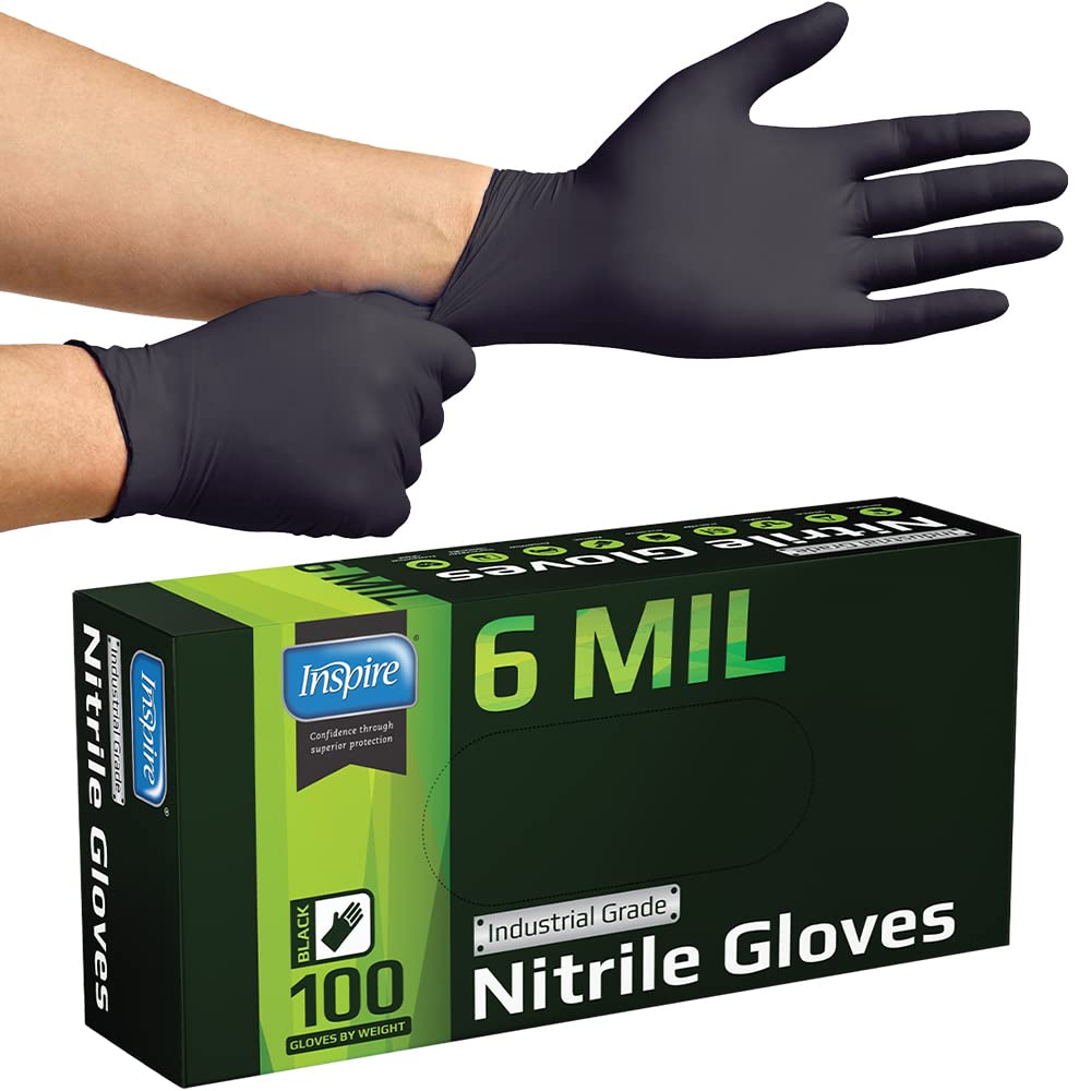 Inspire Black Nitrile Gloves | HEAVY DUTY 6 Mil Nitrile THE ORIGINAL Nitrile Medical Food Cleaning Disposable Gloves (Large, 100, Count) Inspire