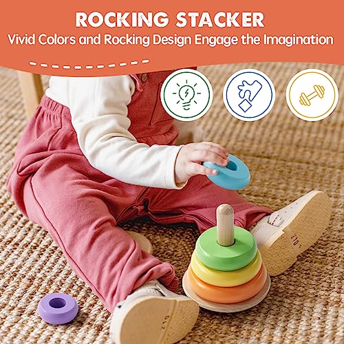 Tiny Land Montessori Toy Set for Babies 10-12 Months - 5-in-1 Wooden Learning Toys with Peg Drop Box, Rocking Stacker, Egg Cup, Canister Set, and Tiny Land