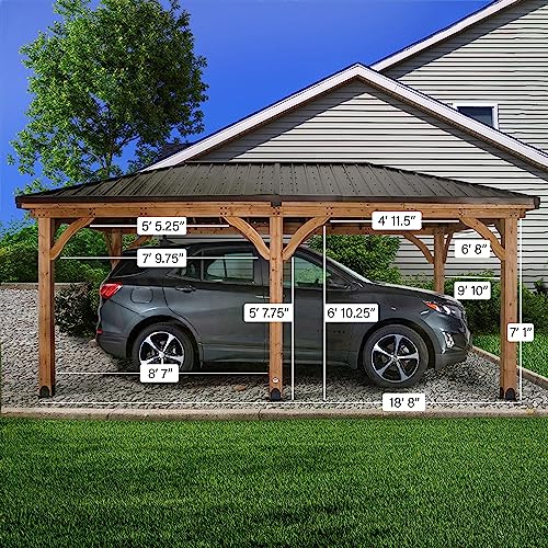 Backyard Discovery Barrington 20 ft. x 12 ft. All Cedar Wood Carport Pavilion Gazebo, Shade, Rain, Hard Top Steel Metal Roof, All Weather Protected, Backyard Discovery