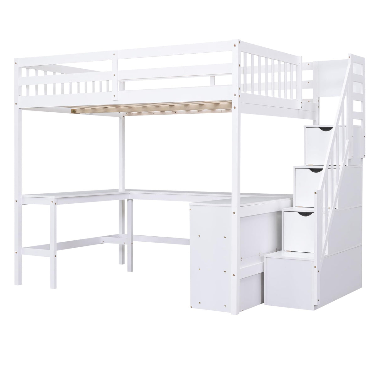Bellemave White Full Loft Bed with L-Shaped Desk, Storage Stairs & Bookcase Bellemave