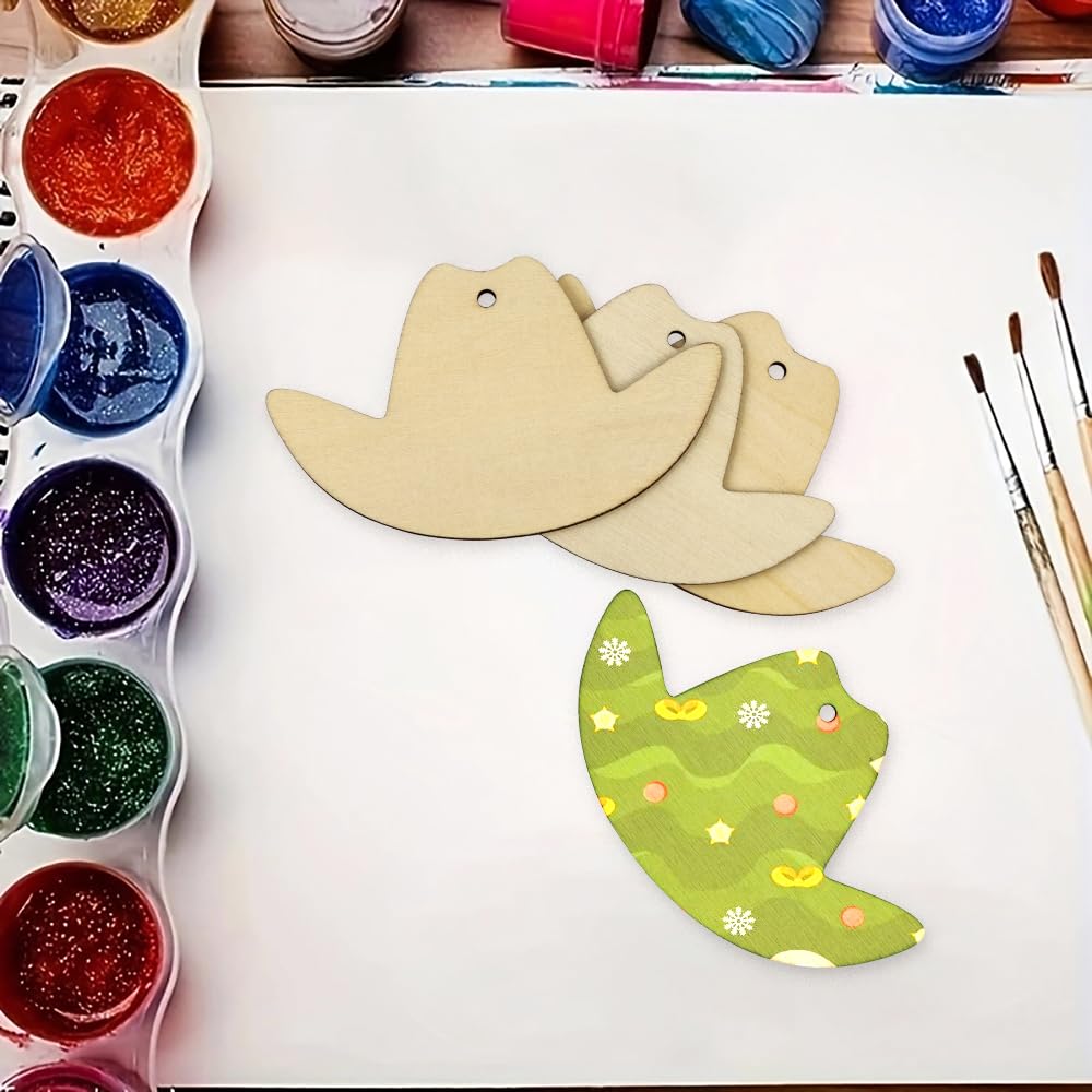 30 Pieces Wooden Cowboy Hat Tags Unfinished Wood Hanging Cowboy Hat Tags Natural Blank Wooden Hat Cutouts Labels DIY Wooden Cowboy Hat Tags with Xonzmmk