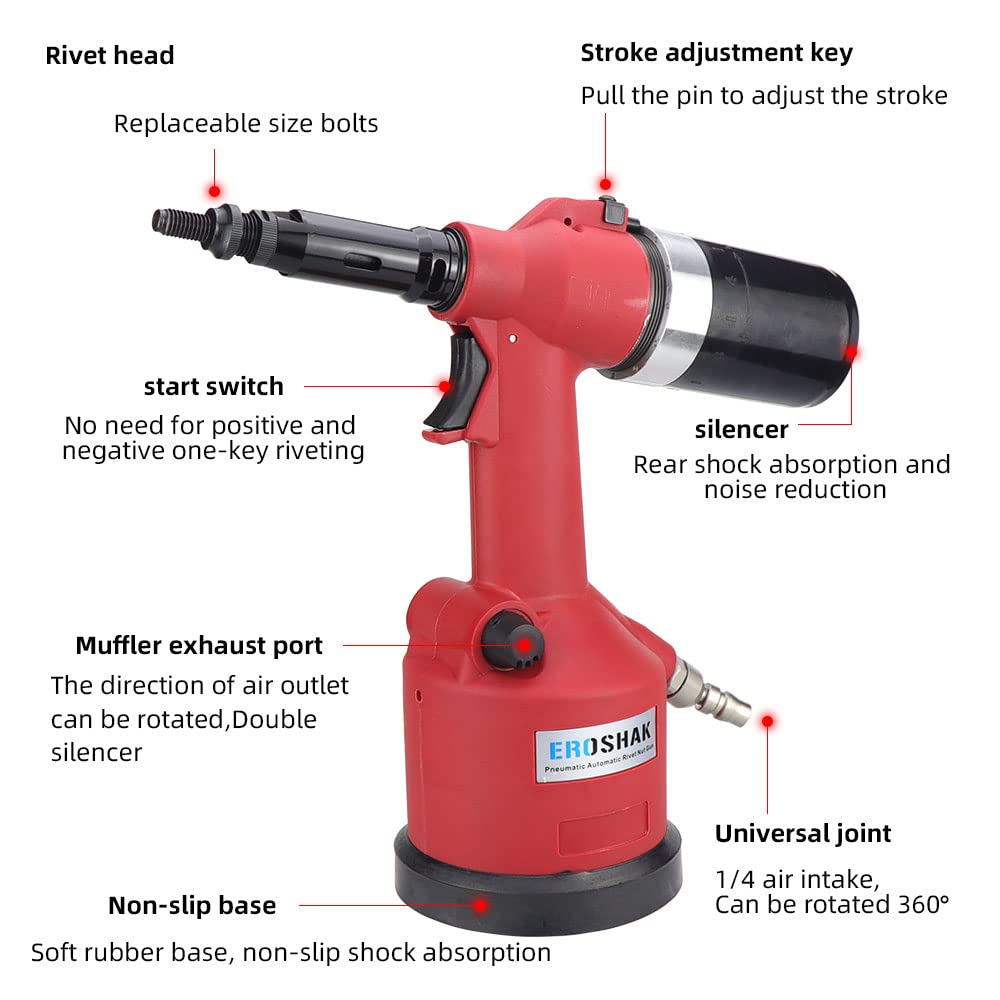 EROSHAK Industrial Hydraulic Pneumatic Riveter Automatic Air Rivet Nut Gun Tool Setting Kit Rivnut Riveting,with Metric & SAE Mandrels (8 Size) EROSHAK