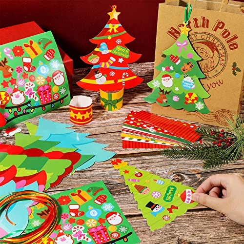 24 Pcs DIY Christmas Tree Paper Craft Kit Hanging Ornaments DIY Christmas Crafts Card Making Kit for Kids Holiday Favor Decorative Sticker Xmas Party Funrous