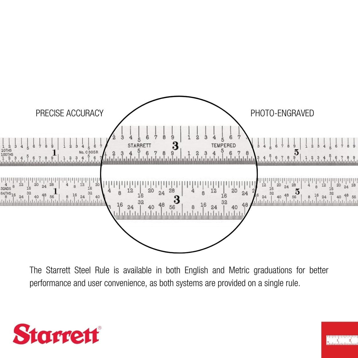 Starrett Spring Tempered Steel Rule with Satin Chrome Finish, Quick Reading and Inch Graduations - 6" Length, 4R Graduation Type, 3/64" Thickness - Starrett