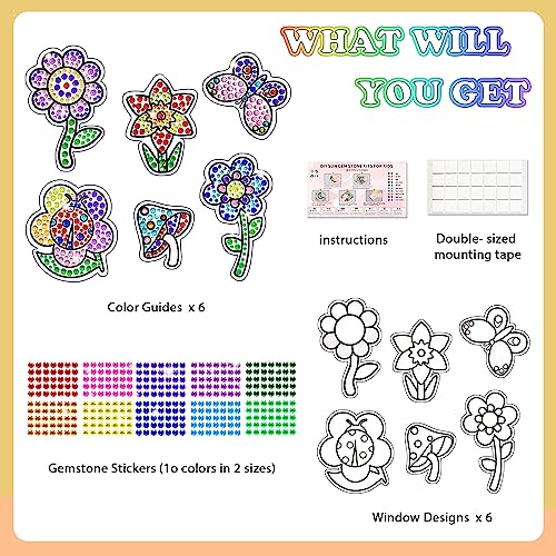 Window Suncatcher Gem Art Diamond Painting Kits for Kids - Fun Arts & Crafts 6 Sheets Flowers Gem Art Painting Kits by Numbers for Girl, Birthday atydkug