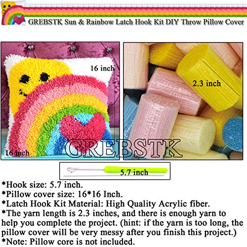 GREBSTK Latch Hook Kit DIY Throw Pillow Cover Sofa Cushion Cover Sun & Rainbow Pattern Paint Cross Stitch 16X16 inch GREBSTK
