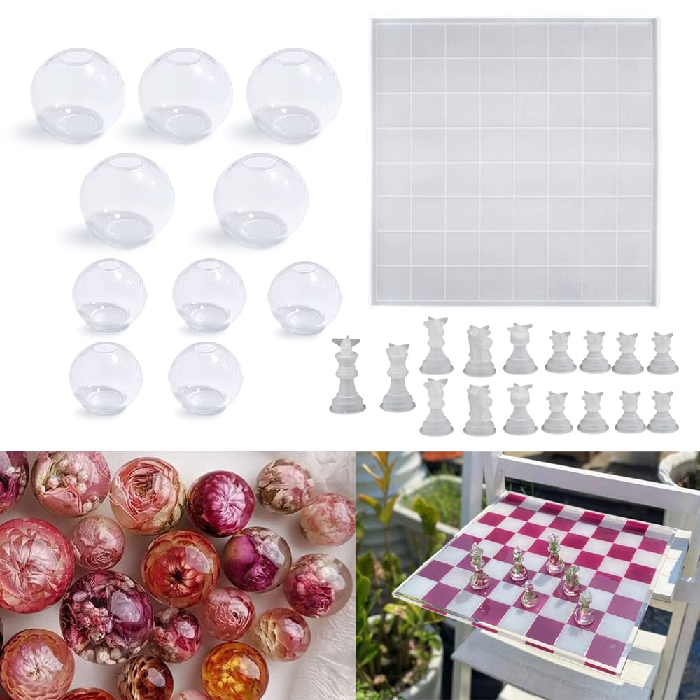 RESINWORLD 12 inches XL Large Checkers Chess Board Mold for Resin, Full Size 3D Silicone Chess Piece Mold + 10Pcs Small Clear Silicone Sphere Molds, ResinWorld
