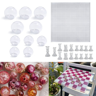 RESINWORLD 12 inches XL Large Checkers Chess Board Mold for Resin, Full Size 3D Silicone Chess Piece Mold + 10Pcs Small Clear Silicone Sphere Molds,