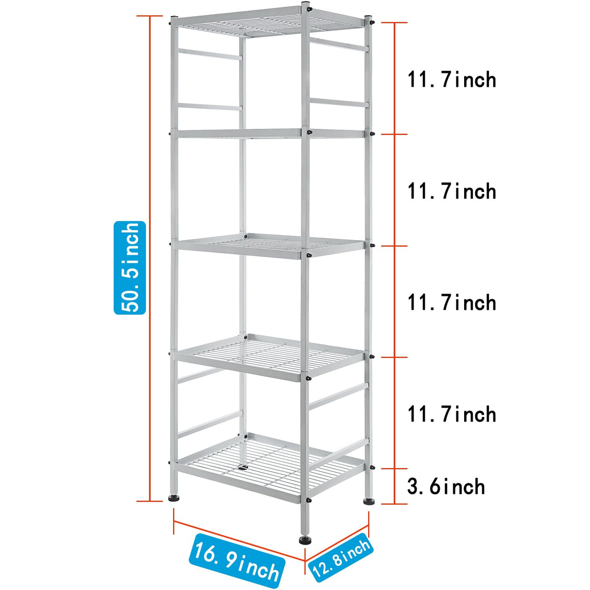 5-Wire Shelving Metal Storage Rack Shelves, Standing Storage Shelf Units for Laundry Bathroom Kitchen Pantry Closet(Silver,16.9L x 12.8W x 50.5H) Soywey
