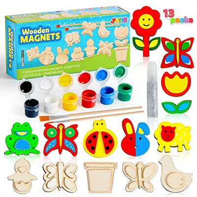 JOYIN 13 Wooden Magnet Creativity Arts & Crafts Painting Kit for Kids, Decorate Your Own Painting Gift for Easter Basket Stuffers, Birthday Parties