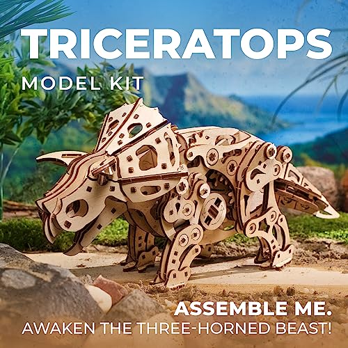 UGEARS Triceratops Dinosaur Wooden Model Kit - 3D Wooden Puzzle for Adults - 1:32 Scale Mechanical Wooden Dinosaur Model - DIY Dinosaur 3D Puzzle UGEARS