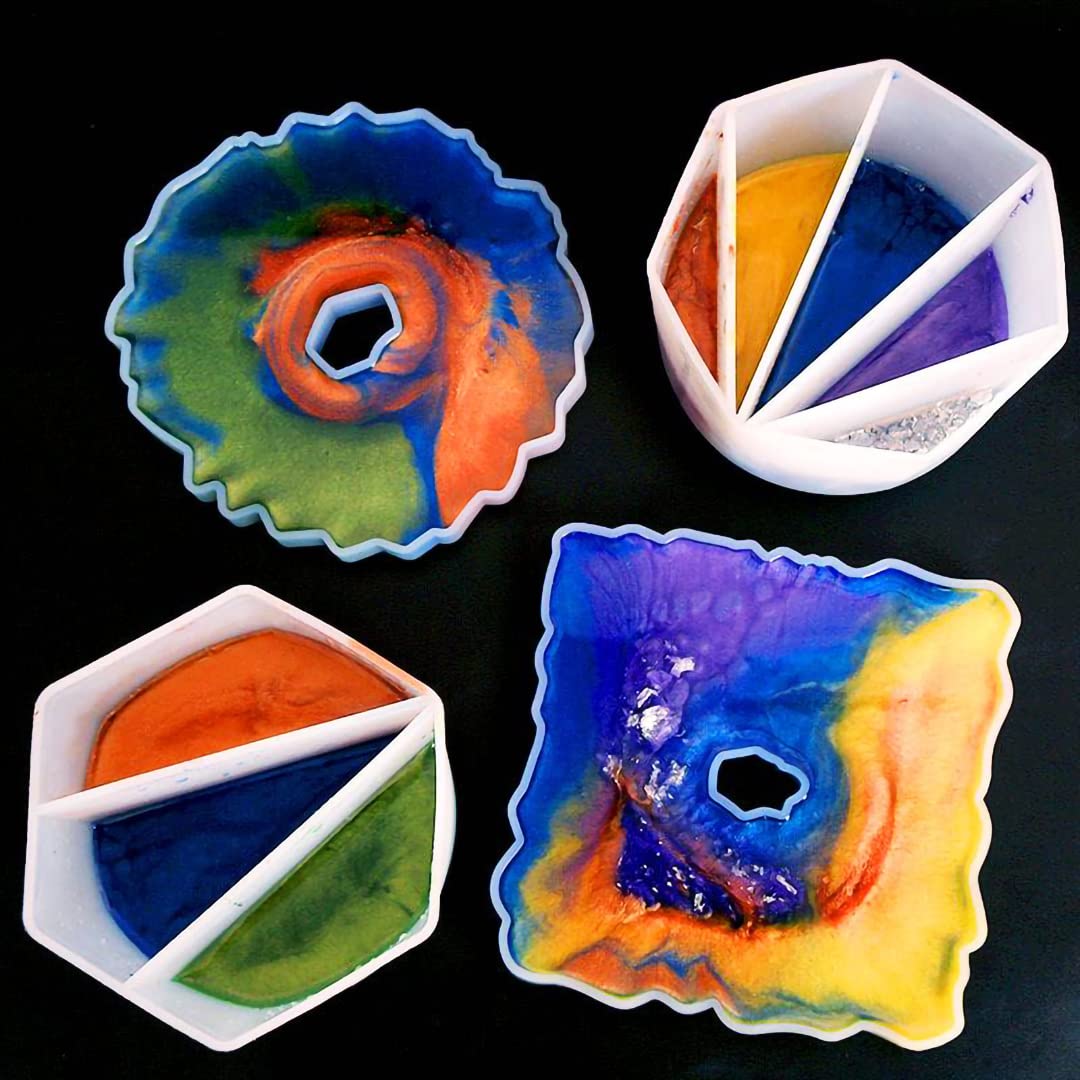 4 Pack Split Cups for Paint Pouring + 2 Pcs Stir Stick, Silicone Paint Pour Cup Resin with 2-5 Channels Dividers Pouring Painting Tools for DIY IOUALEY