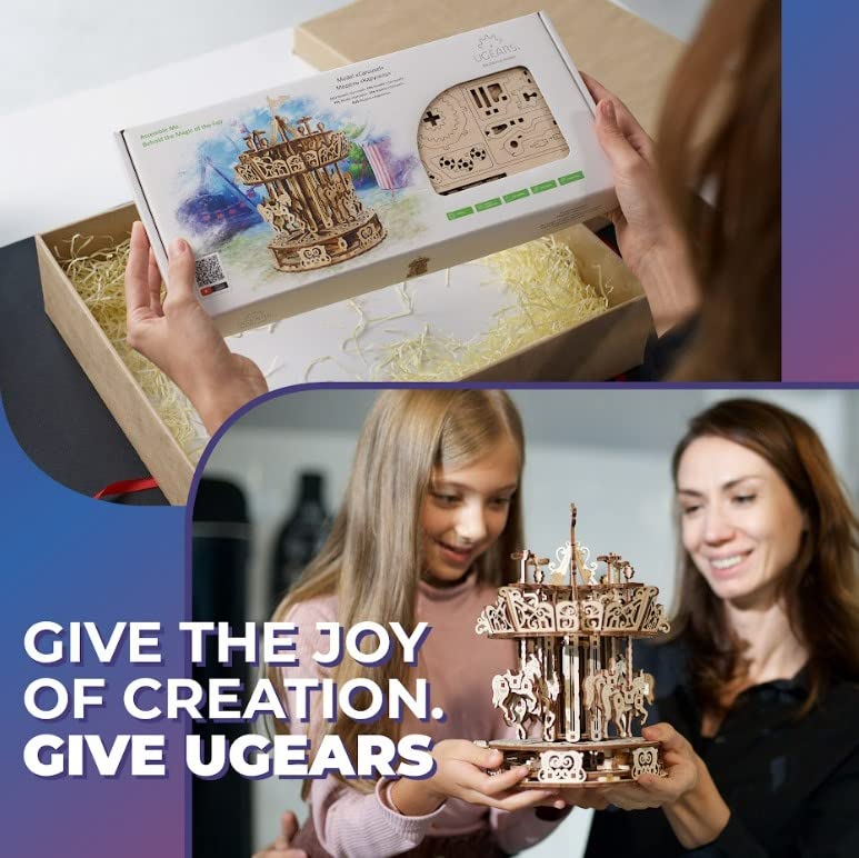 UGEARS Carousel Wooden Mechanical 3D Model Self-Assembling Craft DIY Kit Adult and Teens Puzzle Gift UGEARS