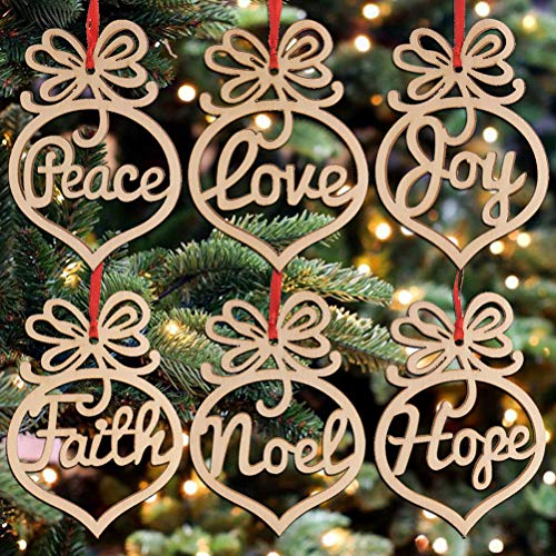 SUPVOX 6PCS Christmas Wooden Hollow Out Pendant Ornament Wood Peath Love Joy Faith Noel Hope Hanging Decorations SUPVOX